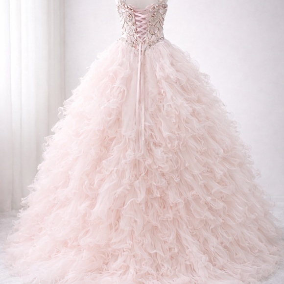 Blush Pink Ball Gown Quinceañera Prom Dress Rhinestone Corset Ruffle Tulle L/XL - Picture 2 of 14